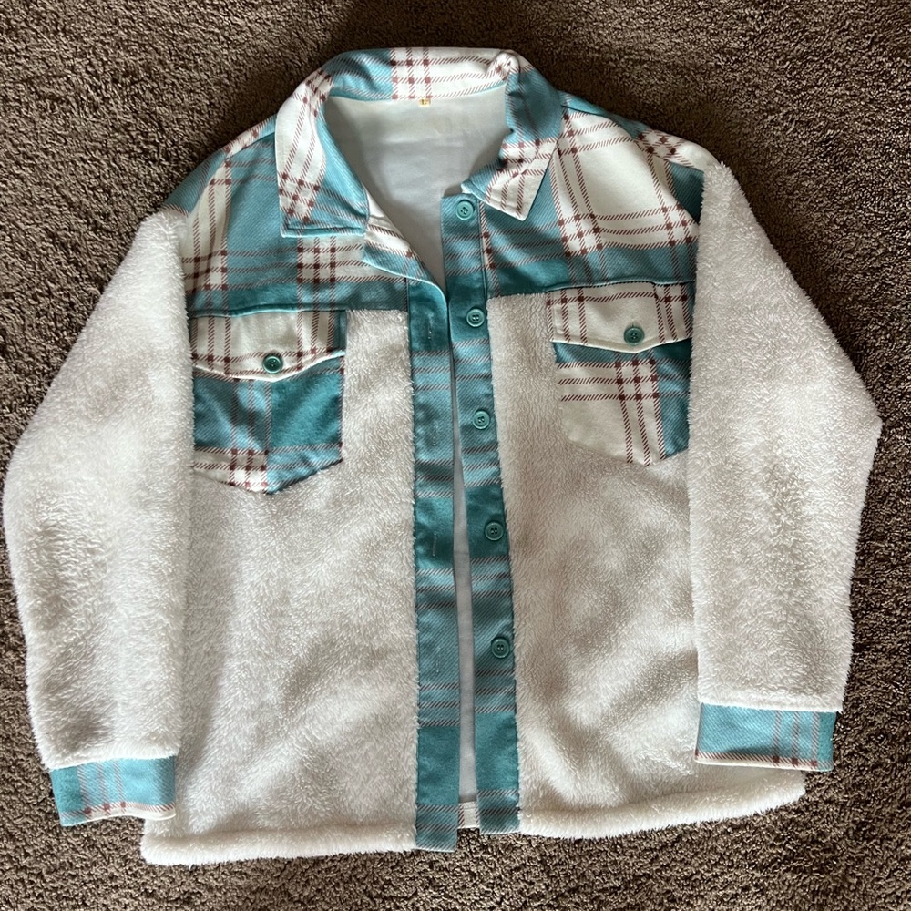 Soft Sherpa Plaid-Trim Jacket - Teal & White
